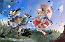 Rule 34 | 2girls, ascot, bat wings, bird, black footwear, black hat, blonde hair, blouse, borrowed character, bow, buttons, closed eyes, crow, crystal, diamond button, eyeball, flandre scarlet, frilled shirt collar, frilled sleeves, frills, full body, green hair, green skirt, hat, hat bow, hat ribbon, heart, heart of string, highres, holding, holding umbrella, komeiji koishi, mob cap, multicolored wings, multiple girls, nature, one side up, puffy short sleeves, puffy sleeves, ramochi, red eyes, red footwear, red skirt, red vest, ribbon, shirt, short sleeves, side ponytail, skirt, skirt set, socks, third eye, touhou, umbrella, vest, white hat, white socks, wide sleeves, wings, yellow ascot, yellow bow, yellow ribbon, yellow shirt