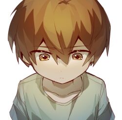 Rule 34 | 1boy, brown eyes, brown hair, child, chinese commentary, closed mouth, collarbone, commentary request, green shirt, hair between eyes, jabuchi you, light frown, looking down, lu-nonad, male focus, portrait, saibou shinkyoku, shirt, simple background, solo, white background