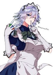 Rule 34 | 1girl, ahoge, artist name, blue eyes, braid, breasts, commentary request, elbow gloves, eyes visible through hair, gloves, hair between eyes, highres, himadera, holding, holding knife, izayoi sakuya, knife, large breasts, looking at viewer, maid, maid headdress, one eye closed, short hair, silver hair, simple background, solo, touhou, twin braids, twitter username, white background