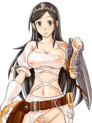 Rule 34 | 1girl, aisha (ash), archaic sealed heat, armor, ash (game), belt, black hair, breasts, cleavage, covered erect nipples, female pubic hair, gloves, large breasts, nipples, no panties, out-of-frame censoring, pubic hair, pussy, pussy peek, sato iori, see-through, shield, solo, sword, wardrobe malfunction, weapon