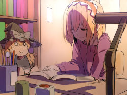 Rule 34 | 1girl, alice margatroid, bad id, bad pixiv id, blonde hair, book, character doll, contemporary, doll, female focus, highres, kirisame marisa, long sleeves, monio, open book, reading, short hair, solo, sweater, touhou
