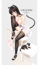 Rule 34 | 1girl, absurdres, animal, animal ear fluff, animal ears, aqua eyes, bad id, bad pixiv id, bare arms, bare shoulders, bell, black hair, black panties, black thighhighs, blush, bracelet, breasts, buckle, cat, cat ears, cat girl, cat tail, cat tower, cleavage, collar, collarbone, commentary request, dress, full body, garter straps, grey background, highres, jewelry, jingle bell, knee up, language request, laoan, large breasts, looking at viewer, nail polish, original, panties, pantyshot, parted lips, pillarboxed, pink footwear, red nails, sandals, short dress, signature, simple background, sleeveless, sleeveless dress, smug, solo, tail, thighhighs, translation request, underwear, upskirt, white dress