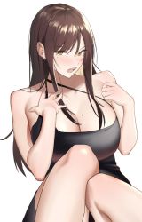 Rule 34 | 1girl, bad id, bad twitter id, bare shoulders, black dress, blush, breasts, breasts day, brown hair, cleavage, collarbone, dress, eye piercing, hair between eyes, hand on breast, highres, ichinose (ichinose1592), large breasts, long hair, looking at viewer, mole, mole on breast, mole under eye, open mouth, original, simple background, sitting, solo, teeth, upper body, white background, yellow eyes