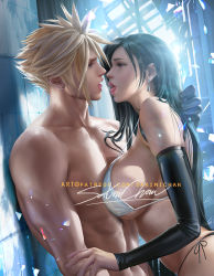 Rule 34 | 1boy, 1girl, against wall, bare shoulders, bikini, black gloves, black hair, blonde hair, blue eyes, breasts, brown eyes, cloud strife, earrings, elbow sleeve, final fantasy, final fantasy vii, from side, gloves, hetero, holding person, imminent kiss, jewelry, large breasts, long hair, looking at another, nude, open mouth, sakimichan, side-tie bottom, spiked hair, standing, swimsuit, tifa lockhart, tongue, tongue out, underboob, very long hair, white bikini