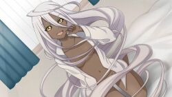Rule 34 | 1girl, absurdly long hair, ahoge, artist request, breasts, curtains, dark-skinned female, dark skin, doppel (monster musume), game cg, hair censor, long hair, looking at viewer, monster musume no iru nichijou, monster musume no iru nichijou online, naked shirt, navel, official art, on bed, open mouth, prehensile hair, shirt, small breasts, solo, very long hair, white shirt, window