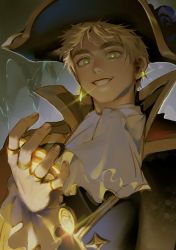 Rule 34 | 1boy, ascot, axis powers hetalia, blonde hair, cave, coin, commentary, earrings, gloves, glowing, glowing jewelry, gold, green eyes, grin, hat, highres, huacai, jewelry, pirate, pirate costume, pirate hat, ring, short hair, smile, solo, symbol-only commentary, thick eyebrows, united kingdom (hetalia), upper body, white gloves