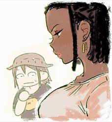 2girls asakusa_midori black_hair black_shirt brown_hair closed_mouth dark-skinned_female dark_skin dreadlocks earrings eizouken_ni_wa_te_wo_dasu_na! girl_staring_at_guy&#039;s_chest_(meme) goblet_42 gold_earrings green_eyes jewelry looking_at_another meme multiple_girls nervous_sweating pink_lips pink_shirt sakaki_sowande shirt simple_background sweat white_background