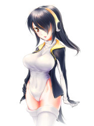 Rule 34 | 10s, 1girl, bad id, bad pixiv id, black hair, black jacket, brown eyes, covered navel, cowboy shot, emperor penguin (kemono friends), hair over one eye, headphones, highleg, highleg leotard, highres, hood, hoodie, ina (urobronai), jacket, kemono friends, leotard, long hair, looking at viewer, multicolored hair, open mouth, solo, thighhighs, white leotard, white thighhighs