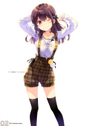 Rule 34 | 1girl, ;), absurdres, arms up, black hair, black ribbon, black thighhighs, bow, brown eyes, brown shorts, collarbone, contrapposto, girlish number, hair bow, head tilt, highres, karasuma chitose (girlish number), long hair, one eye closed, ribbon, shirt, shorts, simple background, smile, solo, standing, suspender shorts, suspenders, thighhighs, white background, white shirt