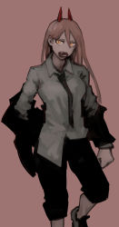 Rule 34 | 1girl, black necktie, black pants, chainsaw man, collared shirt, cross-shaped pupils, hair between eyes, highres, horns, jacket, jacket partially removed, long hair, looking at viewer, looking to the side, nakano (2 mannaka), necktie, open mouth, pants, pink background, pink hair, power (chainsaw man), red horns, sharp teeth, shirt, shirt partially tucked in, simple background, solo, symbol-shaped pupils, teeth, white shirt, yellow eyes