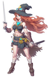 Rule 34 | 1girl, abs, boots, bracer, breasts, covered erect nipples, goggles, goggles on head, green eyes, hat, highres, holding, holding sword, holding weapon, long hair, medium breasts, muscular, muscular female, ninten link, original, potion, red hair, scabbard, sheath, simple background, skirt, sword, toned, weapon, white background, witch hat