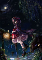 Rule 34 | 1girl, arm up, blurry, boots, cloud, cloudy sky, depth of field, detached sleeves, emon (glossy black), expressionless, fisheye, floral print, flower, fox mask, frilled skirt, frills, from below, full body, full moon, hakama, hakama short skirt, hakama skirt, holding, holding lantern, japanese clothes, lantern, looking at viewer, looking down, lotus, mask, miko, moon, night, original, outdoors, petticoat, platform footwear, ribbon-trimmed sleeves, ribbon trim, rope, shide, shimenawa, shrine, skirt, sky, solo, standing, standing on one leg, stone lantern, torii, walking, walking on liquid, water, willow