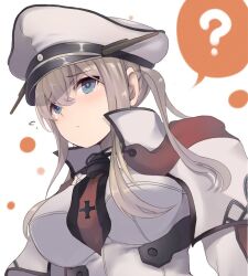 Rule 34 | 1girl, ?, blonde hair, breasts, capelet, celtic knot, cross, dyson (edaokunnsaikouya), graf zeppelin (kancolle), grey eyes, hair between eyes, hat, iron cross, jacket, kantai collection, large breasts, military, military uniform, peaked cap, sidelocks, solo, spoken question mark, twintails, uniform, upper body, white background