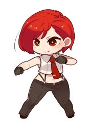 Rule 34 | 1girl, bad id, bad twitter id, breasts, chibi, closed mouth, cropped shirt, full body, gloves, midriff, mota, navel, necktie, red hair, shirt, short hair, simple background, sleeveless, smile, solo, suspenders, the king of fighters, vanessa (kof), white background