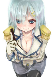 Rule 34 | 10s, 1girl, :&gt;, between breasts, black pantyhose, blue eyes, blush, breast hold, breasts, caesar8149, cleavage, cosplay, cowboy shot, epaulettes, gloves, hair ornament, hairclip, hamakaze (kancolle), highres, kantai collection, katori (kancolle), katori (kancolle) (cosplay), large breasts, leaning forward, miniskirt, pantyhose, pointer, short hair, skirt, white background