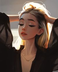 Rule 34 | 1girl, arms up, black eyes, blonde hair, collarbone, highres, jewelry, lips, looking down, necklace, parted lips, photo-referenced, real life, sam yang, solo
