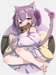 Rule 34 | 1girl, absurdres, animal ear fluff, animal ears, arm ribbon, bare legs, bare shoulders, barefoot, bed, blush, bow, cat ears, cat girl, cat tail, commentary, commission, covered mouth, dress, fallenshadow, feet, frilled dress, frills, full body, hair bow, highres, indie virtual youtuber, jacket, kuro kosyou, legs, looking at viewer, no shoes, non-web source, hugging object, off shoulder, open clothes, open jacket, petite, pillow, pink bow, pink eyes, pink jacket, pink ribbon, purple eyes, purple hair, ribbon, sitting, skeb commission, sleeveless, sleeveless dress, solo, stuffed animal, stuffed toy, tail, tail bow, tail ornament, tail raised, tail ribbon, teddy bear, toes, two side up, virtual youtuber