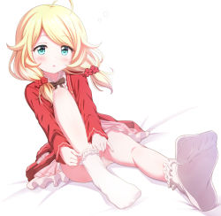 Rule 34 | 1girl, :o, ahoge, bed sheet, black bow, blonde hair, blue eyes, blush, bow, commentary request, flower, foot focus, foreshortening, frilled socks, frills, hair flower, hair ornament, idolmaster, idolmaster cinderella girls, jacket, knee up, long hair, long sleeves, looking at viewer, low twintails, open clothes, open jacket, parted lips, pink skirt, pleated skirt, red flower, red jacket, shirt, skirt, sleeves past wrists, socks, solo, sui. (ayase), swept bangs, twintails, white background, white shirt, white socks, yusa kozue