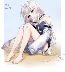 Rule 34 | 1girl, ahoge, bare legs, barefoot, black choker, black one-piece swimsuit, choker, dated, detached sleeves, feet, frilled choker, frills, grey hair, highres, knees together feet apart, knees up, legs, long hair, no.21: xxi (solar frost) (punishing: gray raven), no.21 (punishing: gray raven), one-piece swimsuit, parted lips, punishing: gray raven, purple eyes, sidelocks, signature, sleeves past fingers, sleeves past wrists, solo, sunglasses, swimsuit, toenails, toes, twintails, unworn eyewear, user tduz4377, very long hair, white sleeves