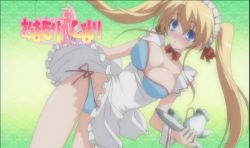 apron bikini blonde_hair blue_eyes blush breasts cleavage lizlett_l._chelsie long_hair maid maid_apron maid_bikini omamori_himari side-tie_bikini_bottom swimsuit twintails unconventional_maid