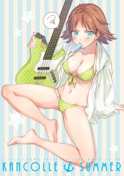 Rule 34 | 10s, 1girl, 2015, arm support, bare legs, barefoot, bass guitar, bikini, blue eyes, blush, breasts, brown hair, cleavage, collarbone, embarrassed, food, front-tie top, full body, green bikini, guitar, hiei (kancolle), holding, instrument, kantai collection, long sleeves, looking at viewer, medium breasts, mouth hold, navel, open clothes, open shirt, polka dot, polka dot bikini, popsicle, saki (little crown), shirt, short hair, sitting, solo, speech bubble, spoken squiggle, spread legs, squiggle, stomach, strap gap, striped, striped background, sweatdrop, swimsuit, vertical stripes, white shirt