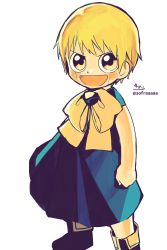 Rule 34 | 1boy, :d, absurdres, black dress, black footwear, blonde hair, boots, bow, brown bow, brown eyes, chibi, dress, gash bell, highres, konjiki no gash!!, male focus, open mouth, short hair, short sleeves, signature, simple background, smile, sofra, solo, standing, twitter username, v-shaped eyes, white background