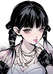 Rule 34 | 1girl, absurdres, animification, aoye de a diu, black gloves, black hair, collarbone, colored tips, finger to mouth, fingerless gloves, g-i-dle, gloves, grey eyes, grey hair, hair behind ear, highres, jewelry, k-pop, looking at viewer, low twintails, minnie nicha yontararak, mole, mole under eye, multicolored hair, necklace, parted lips, pink lips, portrait, purple lips, real life, shirt, solo, strapless, strapless shirt, symbol-shaped pupils, twintails, white shirt
