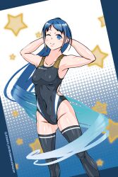 Rule 34 | 1girl, arms up, blue eyes, blue hair, breasts, competition swimsuit, highres, kantai collection, long hair, medium breasts, one-piece swimsuit, samidare (kancolle), solo, star (symbol), swimsuit, twitter username, very long hair, zwei (daybreaker lounge)