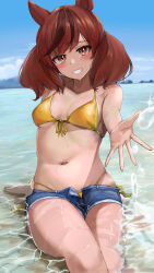 Rule 34 | 1girl, absurdres, alternate costume, animal ears, arm support, bare shoulders, bikini, blue sky, breasts, brown eyes, cleavage, commentary request, denim, denim shorts, feet out of frame, front-tie bikini top, front-tie top, gold bikini, grin, highres, horse ears, horse girl, horse tail, lens flare, medium hair, miyama mizuki (hoshihoshi1220), multicolored hair, navel, nice nature (umamusume), ocean, reaching, reaching towards viewer, red hair, shorts, side-tie bikini bottom, sky, smile, solo, sparkle, streaked hair, swimsuit, tail, twintails, umamusume, water, wet