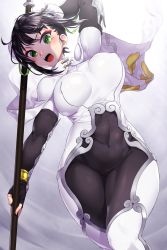 Rule 34 | 1girl, arm up, black gloves, black hair, blush, bodysuit, breasts, bun cover, capelet, chinese clothes, covered navel, cowboy shot, double bun, covered erect nipples, eyeliner, eyeshadow, fate/grand order, fate (series), fingerless gloves, gloves, green eyes, green ribbon, grey background, hair ribbon, highres, holding, holding weapon, impossible clothes, large breasts, makeup, onsoku inu, open mouth, polearm, qin liangyu (fate), ribbon, short hair, solo, thighs, weapon, white capelet