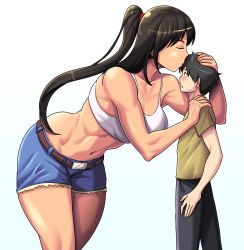 Rule 34 | 1boy, 1girl, abs, belt, belt buckle, black hair, black pants, blue shorts, blush, brown hair, buckle, cutoffs, dark skin, denim, denim shorts, closed eyes, hand on another&#039;s head, hand on another&#039;s shoulder, highres, kiss, kissing forehead, leaning forward, midriff, muscular, muscular female, navel, original, pants, ponytail, shirt, shorts, size difference, sports bra, tall female, toothbrushking, white sports bra, yellow shirt
