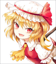 Rule 34 | 1girl, :d, ascot, bad id, bad pixiv id, blonde hair, dated, fang, flandre scarlet, jaebau, looking at viewer, open mouth, puffy sleeves, red eyes, short hair, short sleeves, side ponytail, simple background, smile, solo, touhou, white background, wings