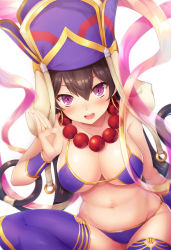 Rule 34 | 1girl, absurdres, bead necklace, beads, bikini, black hair, breasts, bridal gauntlets, earrings, fate/grand order, fate (series), hair between eyes, hat, highres, hoop earrings, jewelry, large breasts, long hair, necklace, open mouth, prayer beads, purple bikini, purple eyes, purple thighhighs, samoore, simple background, solo, swimsuit, thighhighs, white background, xuangzang sanzang (fate)