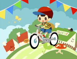 Rule 34 | 1boy, baseball cap, bicycle, blue shorts, blue sky, bug, butterfly, cat, chibi, english text, happy, hat, hitofutarai, house, insect, male focus, mobile sprout, mother (game), mother 2, mushroom, ness (mother 2), nintendo, outdoors, ramblin&#039; evil mushroom, red footwear, red hat, riding, riding bicycle, shorts, sky, solo, sparkle, string of flags, summer, tree, yellow butterfly