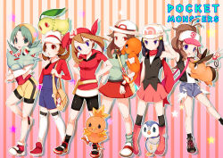 Rule 34 | 00s, 10s, 1990s (style), 6+girls, bad id, bad pixiv id, bag, bandana, baseball cap, beanie, bike shorts, blue eyes, brown hair, cabbie hat, charmander, chikorita, copyright name, creatures (company), dawn (pokemon), denim, denim shorts, everyone, flame-tipped tail, game freak, gen 1 pokemon, gen 2 pokemon, gen 3 pokemon, gen 4 pokemon, gen 5 pokemon, green eyes, green hair, grin, hat, hilda (pokemon), kris (pokemon), latex, leaf (pokemon), long hair, lyra (pokemon), may (pokemon), multiple girls, nintendo, open mouth, piplup, pokegear, pokemon, pokemon (creature), pokemon bw, pokemon dppt, pokemon frlg, pokemon gsc, pokemon hgss, pokemon rse, ponytail, porkpie hat, red eyes, red scarf, retro artstyle, scarf, shorts, skirt, smile, tepig, tetsubuta, thighhighs, torchic, totodile, vest