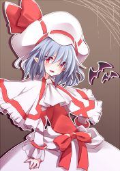 Rule 34 | 1girl, bat (animal), blue hair, blush, bow, capelet, curiosities of lotus asia, hat, hat bow, highres, open mouth, pointy ears, red eyes, remilia scarlet, solo, touhou, usamata