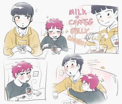 Rule 34 | !, ..., 2boys, aged down, black hair, black shirt, blush, child, closed eyes, closed mouth, coffee jello, commentary, crossover, cup, eating, english commentary, english text, food, highres, hood, hood down, hoodie, hug, kageyama shigeo, long sleeves, looking at another, male focus, metukika, mob psycho 100, multiple boys, open mouth, pink hair, pouring, saiki kusuo, saiki kusuo no psi nan, shirt, short hair, simple background, sitting, smile, table, white background, yellow hoodie