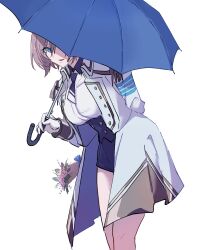Rule 34 | 1girl, blue eyes, breasts, corset, flower, gloves, gridman universe, highres, himagosan, holding, holding umbrella, jacket, large breasts, looking at viewer, military jacket, mujina, necktie, purple shorts, short hair, shorts, solo, ssss.dynazenon, thighs, umbrella, white gloves, white jacket