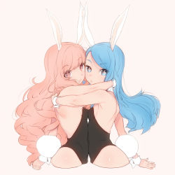 Rule 34 | + +, 2girls, animal ears, bare shoulders, blue eyes, blue hair, blush, breast press, breasts, detached collar, elin, fake animal ears, leotard, long hair, looking at viewer, multiple girls, naso4, pink eyes, pink hair, playboy bunny, rabbit ears, rabbit tail, small breasts, smile, symbol-shaped pupils, symmetrical docking, tail, tera online, wrist cuffs