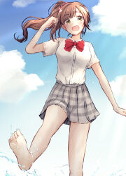 Rule 34 | 1girl, :d, absurdres, baran. (ba ra ran), barefoot, blue sky, blush, bow, bowtie, breasts, brown hair, cloud, collared shirt, dress shirt, foot out of frame, grey skirt, hair ornament, hair scrunchie, highres, holding, holding own hair, idolmaster, idolmaster cinderella girls, igarashi kyoko, leg up, lone nape hair, long hair, looking at viewer, medium breasts, miniskirt, open mouth, pink scrunchie, plaid, plaid skirt, pleated skirt, red bow, red bowtie, school uniform, scrunchie, shirt, shirt tucked in, short sleeves, side ponytail, sidelocks, skirt, sky, smile, solo, standing, standing on one leg, swept bangs, white shirt, yellow eyes