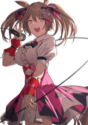 Rule 34 | 1girl, absurdres, animal ears, black bow, black bowtie, bow, bowtie, breasts, brown eyes, brown hair, dress, elinnasky, feet out of frame, from side, hair bow, hair ribbon, highres, holding, holding microphone, horse ears, long hair, looking at viewer, medium breasts, microphone, multicolored clothes, multicolored dress, open mouth, ribbon, smart falcon (umamusume), smile, solo, standing, teeth, umamusume, upper teeth only, white background