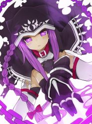 Rule 34 | 1girl, bell, blush, braid, cape, chain, collar, detached sleeves, fate (series), gloves, glowing, glowing eyes, hair ribbon, hat, highres, izuoku, jewelry, legband, long hair, looking at viewer, medusa (fate), medusa (lancer) (fate), medusa (rider) (fate), neck bell, parted lips, purple eyes, purple hair, red collar, red ribbon, ribbon, rider, ring, simple background, solo, thigh strap, thighhighs, torn cape, torn clothes, tress ribbon, white background