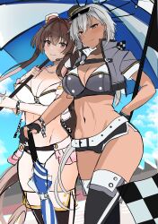 Rule 34 | 2girls, absurdres, belt, blush, breasts, brown eyes, brown hair, checkered clothes, dark-skinned female, dark skin, flag, glasses, gloves, grey hair, hair between eyes, highres, holding, holding flag, holding umbrella, jacket, kantai collection, large breasts, long hair, looking at viewer, micro shorts, multiple girls, musashi (kancolle), race queen, red eyes, shorts, showgirl skirt, skirt, smile, sunglasses, thighhighs, umbrella, unfinished, very long hair, yamato (kancolle), yunamaro