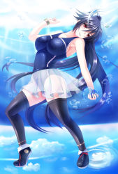 Rule 34 | 1girl, absurdres, black hair, highres, impossible clothes, impossible swimsuit, kouichi eiji, long hair, original, red eyes, see-through, skirt, solo, swimsuit, thighhighs, underwater
