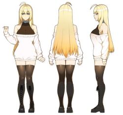 Rule 34 | 1girl, ahoge, bare shoulders, belt collar, blonde hair, blue eyes, bodysuit, bodysuit under clothes, boots, breasts, cleavage, collar, collarbone, female focus, full body, hyperbudd, large breasts, long hair, looking at viewer, multiple views, off-shoulder sweater, off shoulder, original, simple background, sleeves past wrists, solo focus, standing, sweater, thighhighs