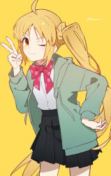 Rule 34 | 1girl, ahoge, alternate eye color, artist name, black skirt, blonde hair, bocchi the rock!, bow, bowtie, braid, brown eyes, closed mouth, collared shirt, hair between eyes, hanamoto410, hand on own hip, hand up, highres, hood, hooded jacket, ijichi nijika, jacket, long hair, long sleeves, looking at viewer, one eye closed, open clothes, open jacket, pink bow, pink bowtie, polka dot, polka dot bow, polka dot bowtie, ponytail, puffy long sleeves, puffy sleeves, shirt, sidelocks, simple background, skirt, smile, solo, standing, v, v-shaped eyebrows, white shirt, yellow background