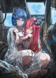 Rule 34 | 2girls, absurdres, android, ass, blue eyes, blue hair, commentary request, computer, cyberpunk, hand on another&#039;s head, highres, joints, kneeling, long hair, looking at viewer, monitor, multiple girls, one eye closed, original, parted lips, red hair, robot joints, see-through, siblings, sisters, taiu