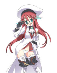 Rule 34 | 1girl, aty (summon night), breasts, glasses, gloves, green eyes, hat, long hair, open mouth, ouhashi, panties, red hair, simple background, smile, solo, summon night, summon night 5, underwear, v, white background, white panties