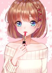 Rule 34 | 1girl, ango, ankkoyom, artist name, bad id, bad pixiv id, blue eyes, blush, braid, collarbone, cosmetics, earrings, fingernails, floral background, hair between eyes, highres, holding lipstick, jewelry, lipstick, lipstick tube, long sleeves, looking at viewer, makeup, nail polish, original, pink background, red lips, red nails, ribbed sweater, solo, sweater, two-tone background, upper body, white background