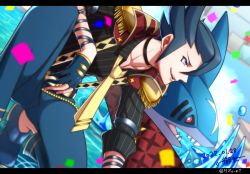 Rule 34 | 1boy, alternate color, bad id, bad pixiv id, belt, black choker, black hair, black shirt, blurry, choker, collared shirt, commentary request, confetti, creatures (company), dated, epaulettes, from side, game freak, gen 3 pokemon, grimsley (pokemon), grimsley (sygna suit) (pokemon), letterboxed, male focus, necktie, nintendo, official alternate costume, omito (mito zt), on one knee, open mouth, pants, pokemon, pokemon (creature), pokemon masters ex, sharpedo, shirt, shoes, short hair, smile, spiked hair, teeth, tongue, upper teeth only, water, yellow necktie